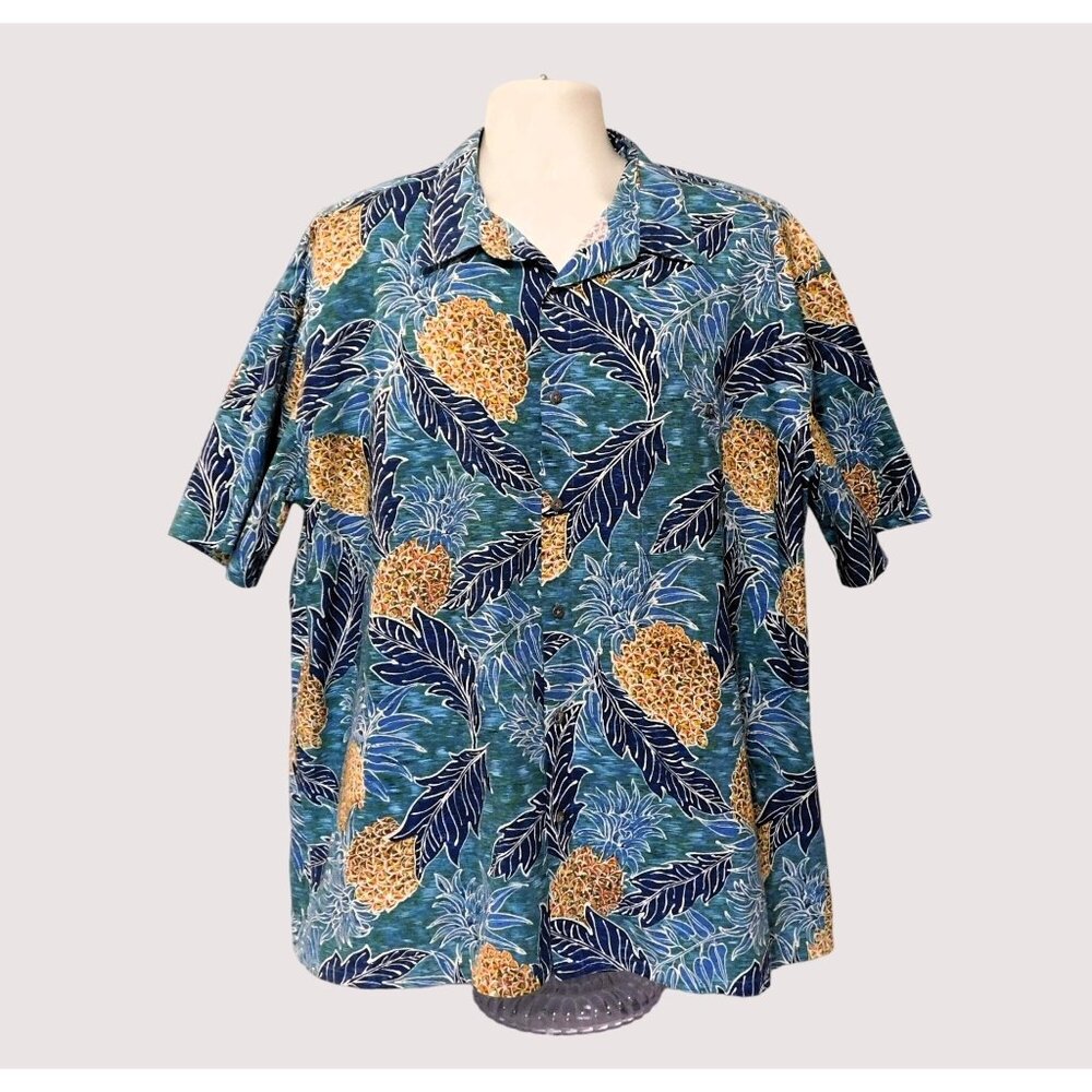 Island Shores Hawaiian Shirt Mens XXL Blue Green Pineapple Short Sleeve Cotton